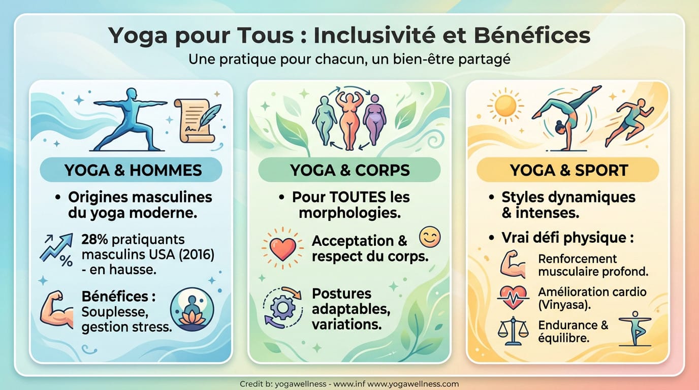 Groupe diversifié de personnes pratiquant le yoga dans la joie, illustrant l'accessibilité pour tous les corps et genres