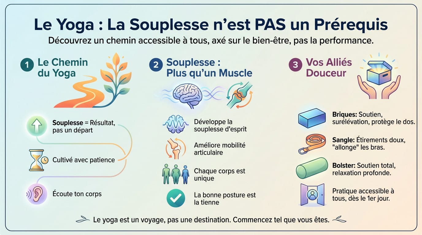 Femme pratiquant le yoga avec des briques pour montrer que la souplesse n'est pas un prérequis
