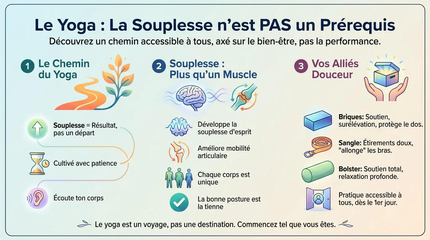 Femme pratiquant le yoga avec des briques pour montrer que la souplesse n'est pas un prérequis