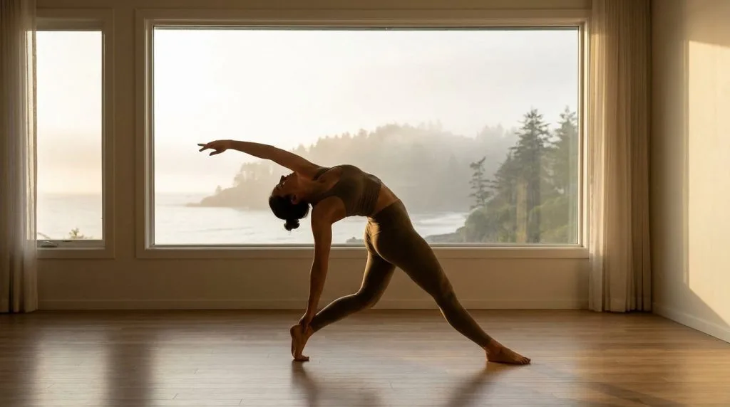 A yogi in a graceful side bend pose in a bright studio with large windows showcasing a misty coastal view.