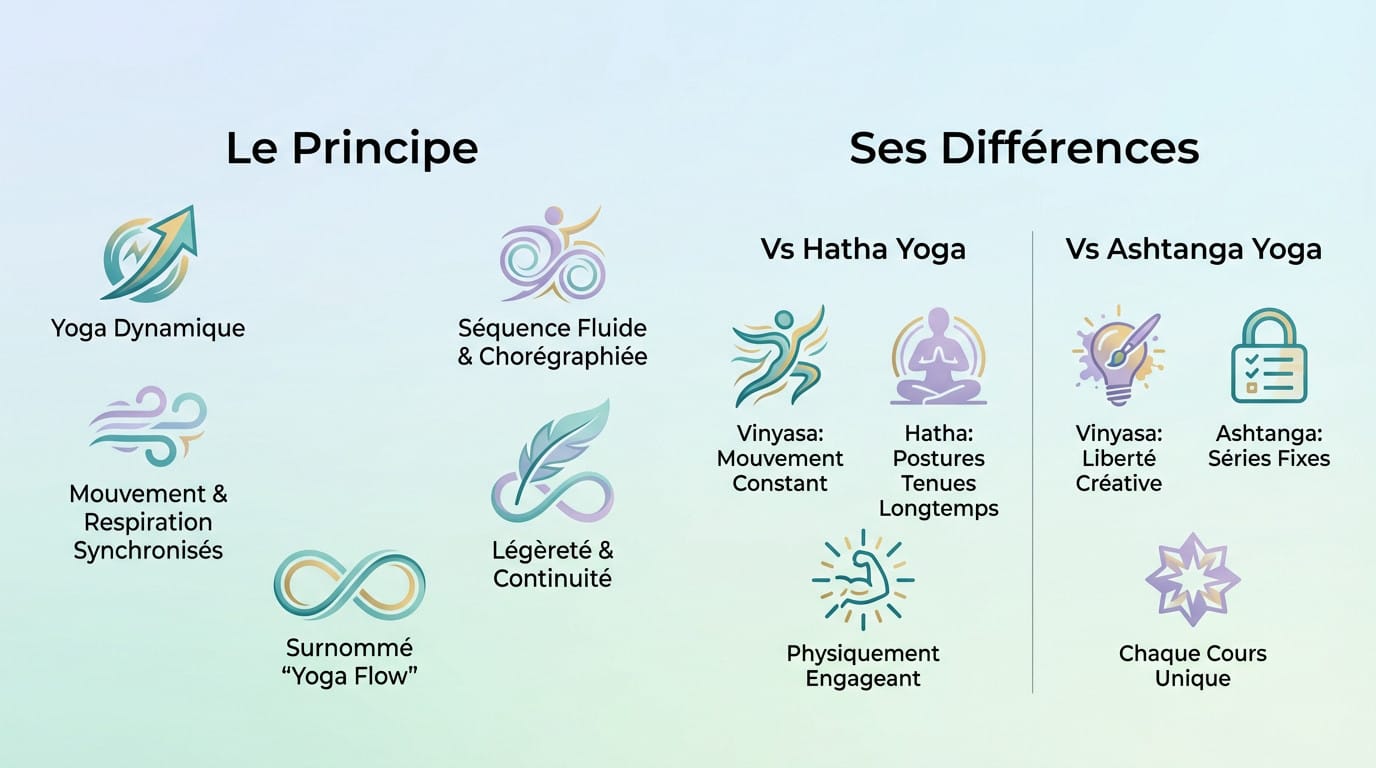 Pratiquante de yoga vinyasa en plein flow synchronisant mouvement et respiration