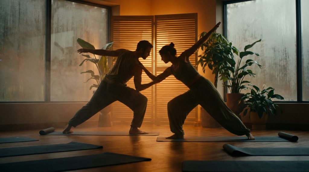 Deux personnes en tenue de sport pratiquent le yoga en duo sur des tapis dans une pièce chaude et humide aux fenêtres embuées.
