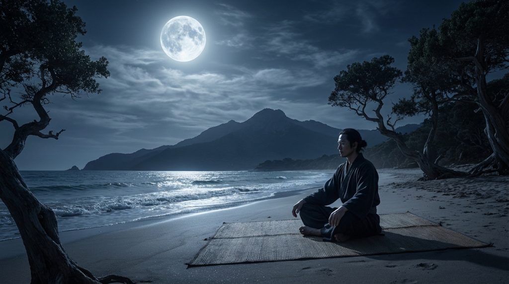Un homme médite en lotus sur une plage la nuit, face à une pleine lune brillante sur l'océan, avec montagnes et arbres.