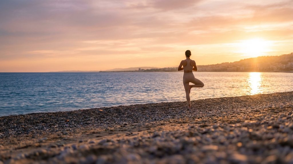 Une personne pratique le yoga (posture de l'arbre) sur une plage niçoise, face à une mer calme et un magnifique coucher de soleil.