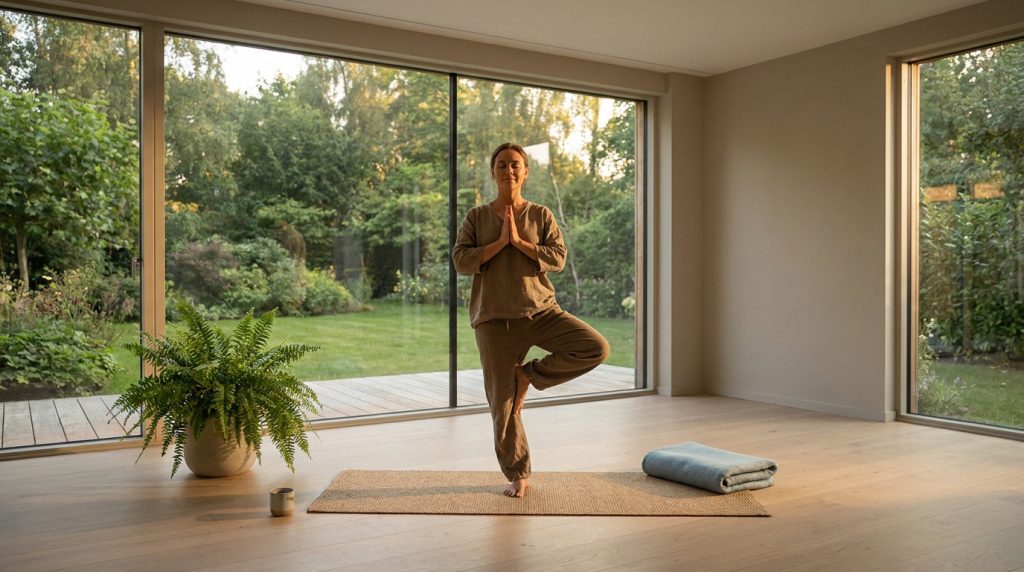 Femme souriante en tenue de yoga, les yeux fermés, pratique la posture de l'arbre dans une pièce lumineuse avec vue sur un jardin verdoyant.
