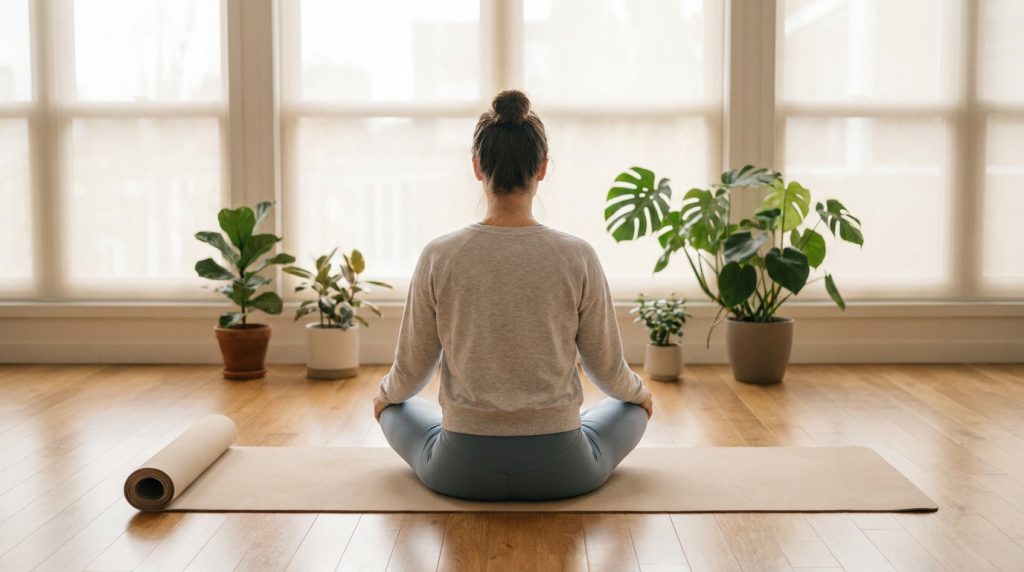 Femme assise en tailleur sur un tapis de yoga, dos à la caméra, devant une fenêtre lumineuse et des plantes d'intérieur.