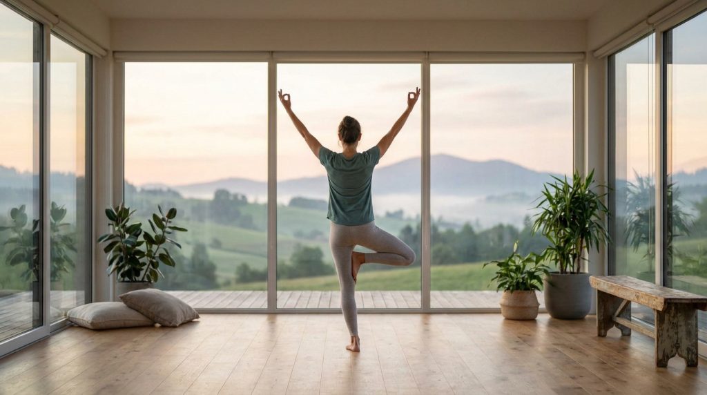 Femme en pose d'arbre (yoga) face à une grande fenêtre. Vue sur des collines verdoyantes brumeuses au lever du soleil, dans une pièce avec plantes et sol en bois.