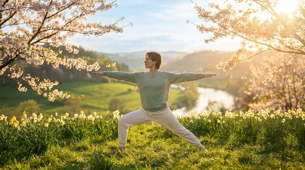 Femme en posture de yoga Virabhadrasana II dans un champ printanier de jonquilles, arbres en fleurs, rivière, soleil.