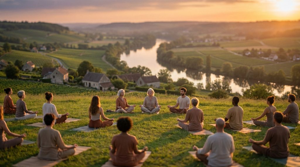 Un groupe diversifié de personnes en tenue décontractée pratique le yoga sur des tapis dans un champ au coucher du soleil.