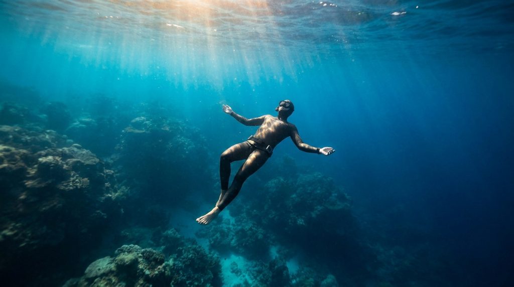 Un apnéiste en combinaison flotte paisiblement dans les eaux bleues au-dessus d'un récif corallien avec des rayons de soleil.
