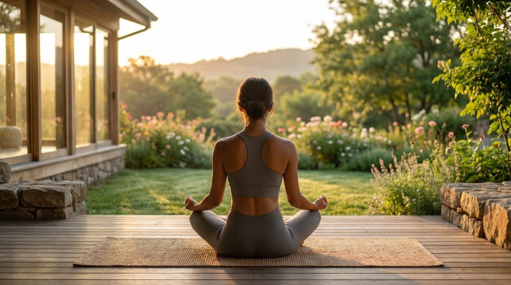 Une femme pratique le yoga en position du lotus sur une terrasse au coucher du soleil.