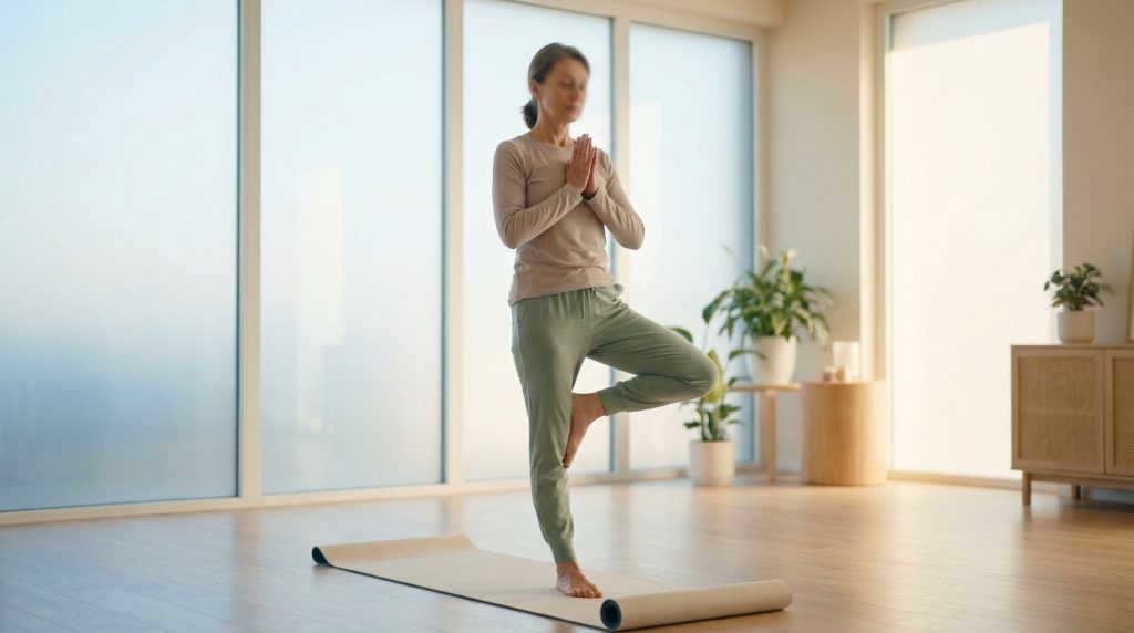 Une femme pratiquant la posture de l'arbre sur un tapis de yoga dans un salon lumineux.