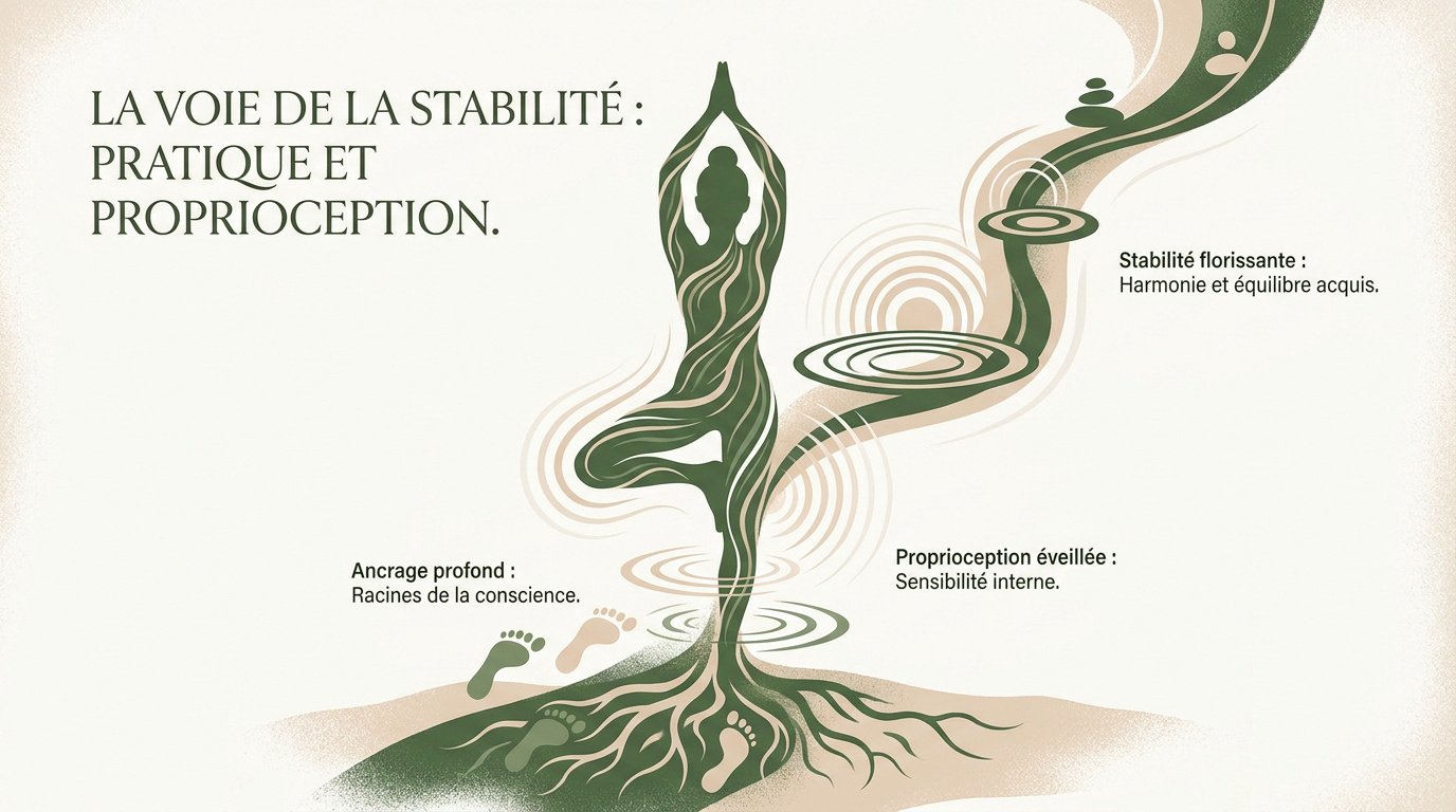 Pratiquante de yoga en posture d'équilibre travaillant sa stabilité et sa concentration sur un tapis