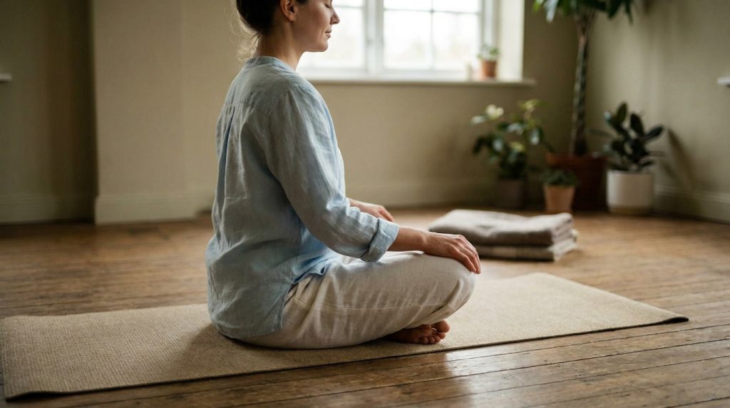 Une femme assise en tailleur sur un tapis de yoga dans une pièce lumineuse et calme.