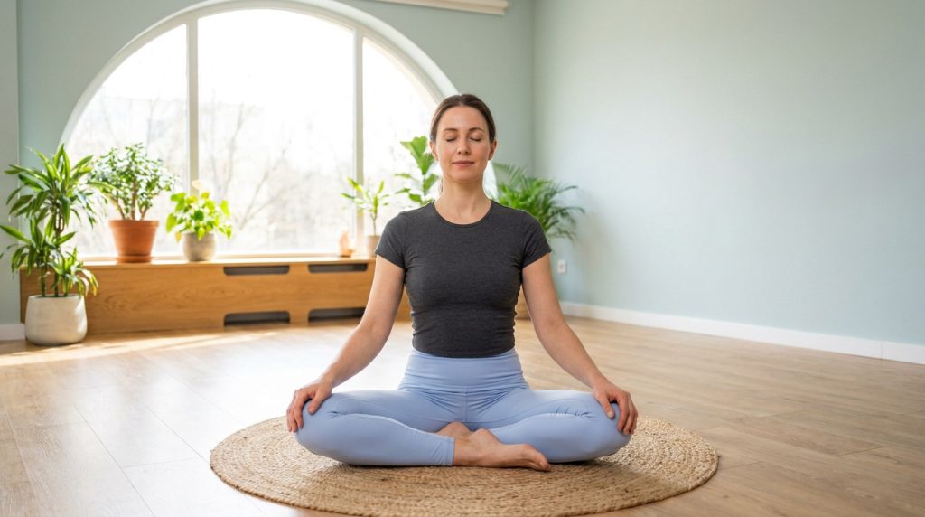 Femme en tenue de sport assise en posture du lotus pour une séance de yoga périnéal.