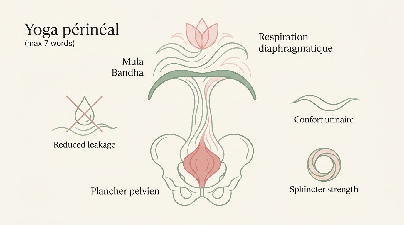 Femme pratiquant le yoga périnéal pour renforcer son plancher pelvien par la respiration