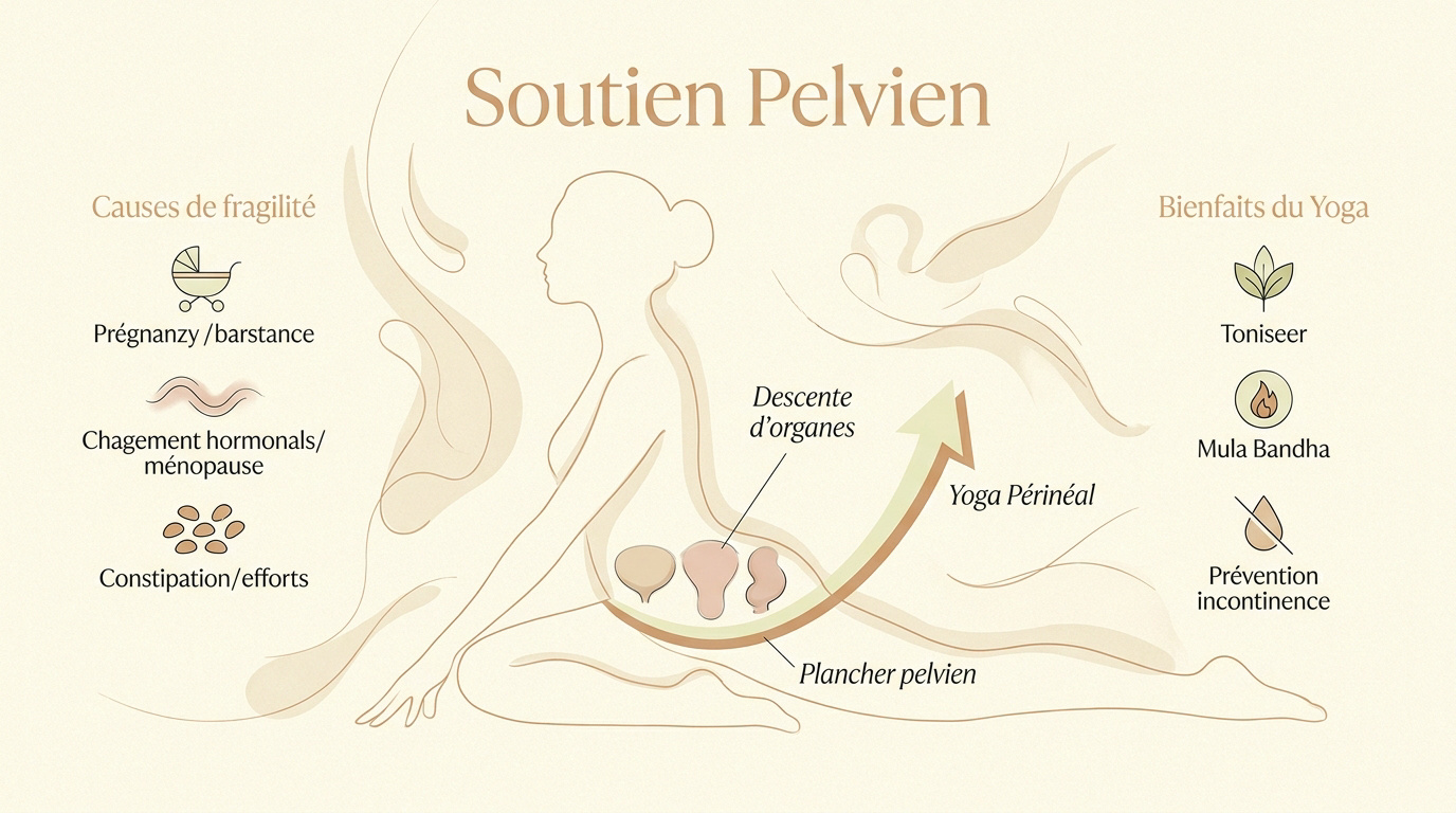 Femme pratiquant une posture de yoga douce pour le renforcement du plancher pelvien