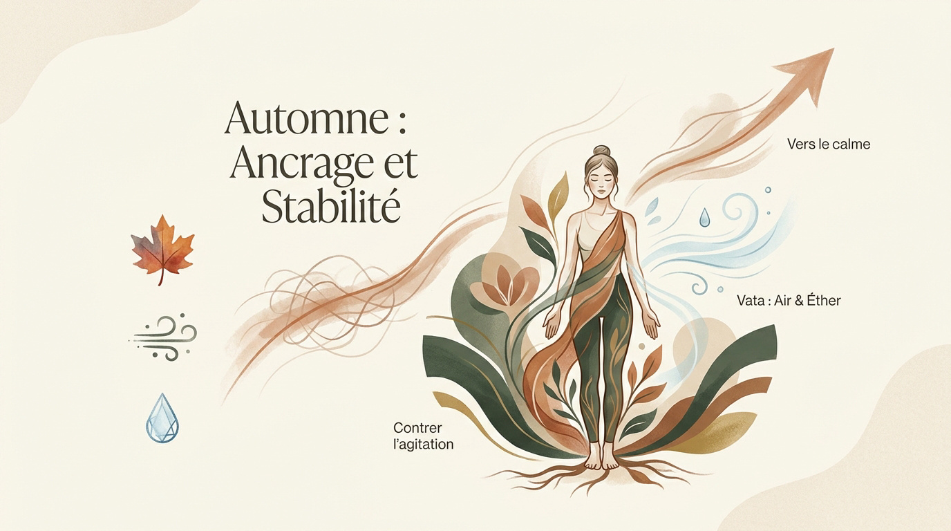 Femme pratiquant une posture de yoga d'ancrage en automne dans une ambiance chaleureuse