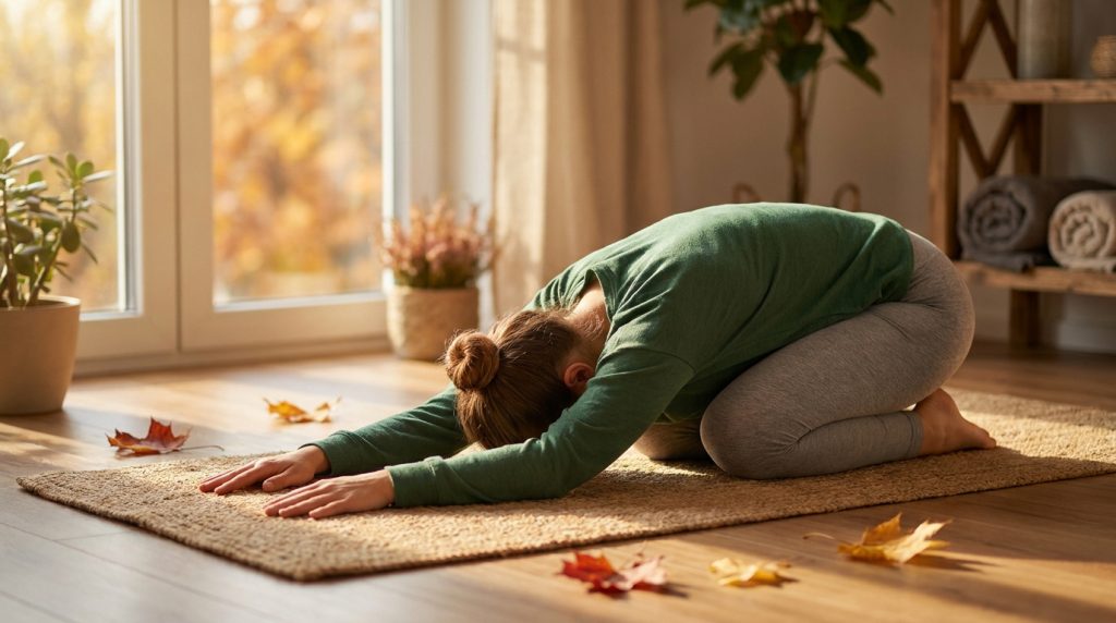 Femme pratiquant la posture de l'enfant sur un tapis de yoga dans une pièce ensoleillée avec des feuilles d'automne.
