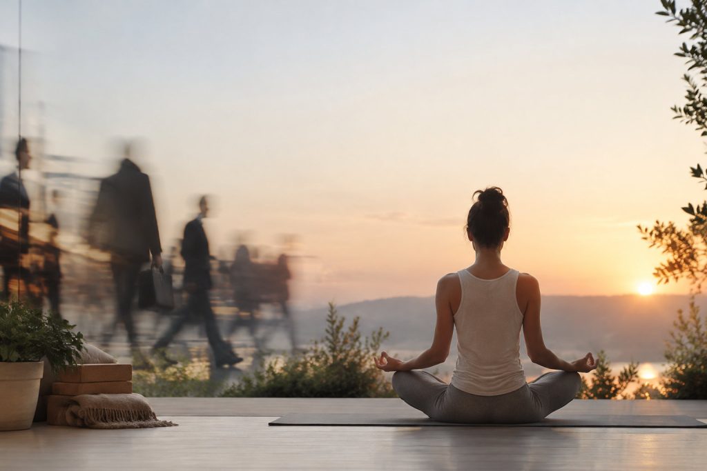 Une femme pratique le yoga en position assise face à un coucher de soleil, contrastant avec des silhouettes floues.