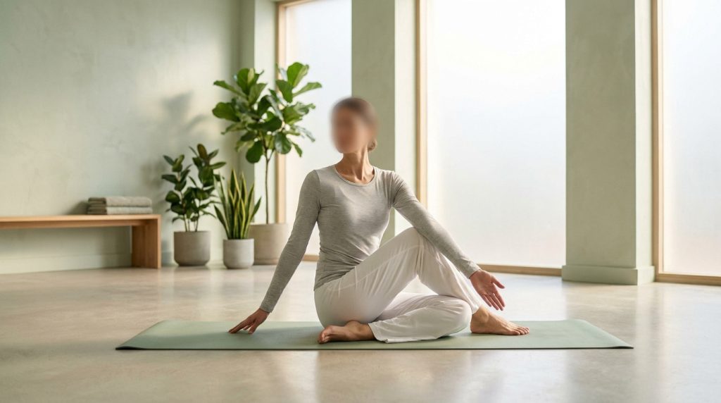 Une personne pratiquant une posture de yoga en torsion assise sur un tapis dans un studio lumineux et épuré.